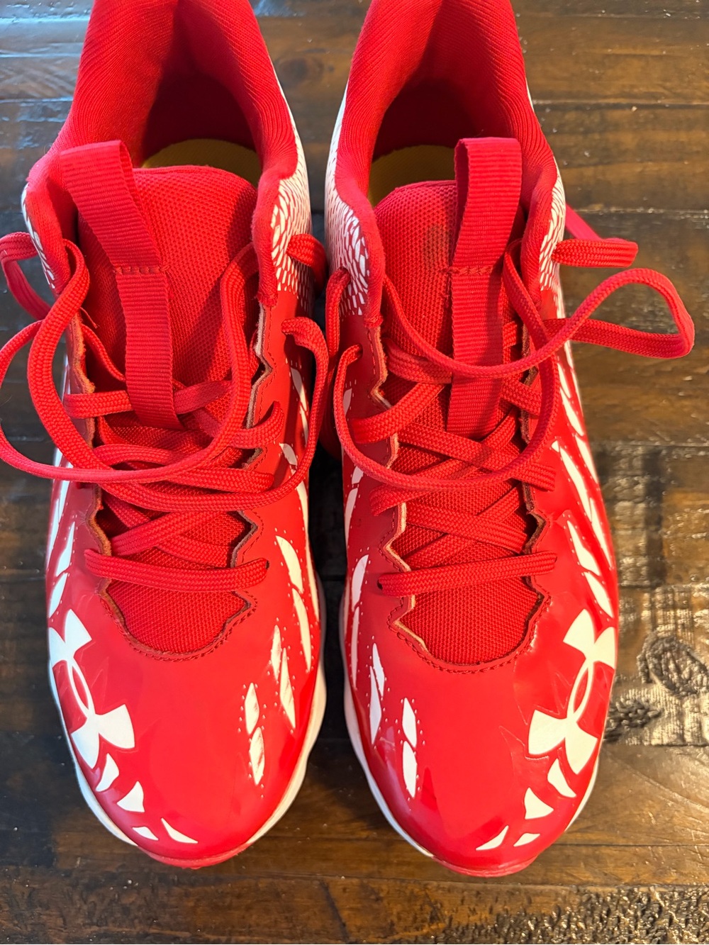 Under Armour Kids Red and White HighโShine Athletic Sneakers